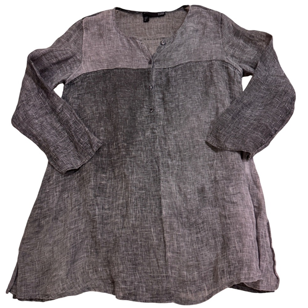 Eileen Fisher Linen Colorblock Tunic Top Grey PS Coastal Minimalist Lagenlook
